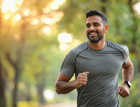 Happy man jogging outdoors