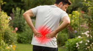 Man standing outside, suffering from back pain